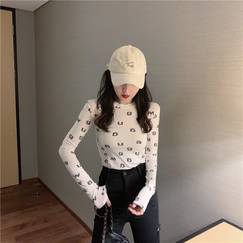 2020 autumn and winter black letters long-sleeved slim slimming t-shirt Korean style fashion western-style top with bottoming shirt women