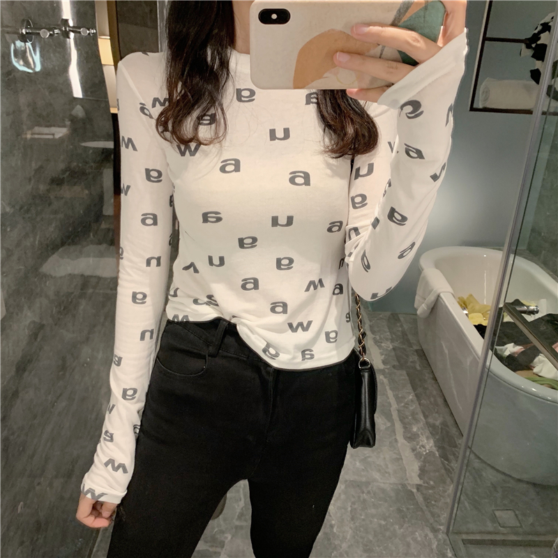 2020 autumn and winter black letters long-sleeved slim slimming t-shirt Korean style fashion western-style top with bottoming shirt women